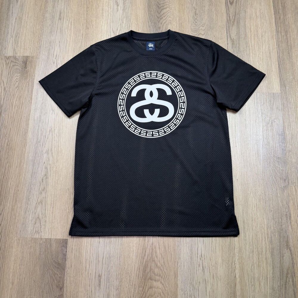 Stussy Shirt Mens Medium Black Mesh Jersey Logo Graphic Tee Streetwear
